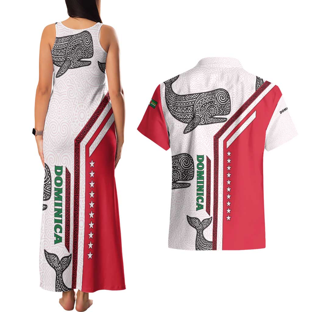 Dominica Flag Couples Matching Tank Maxi Dress and Hawaiian Shirt Tribal Turtle Pattern Red and White with Island Stars Design - Wonder Print Shop