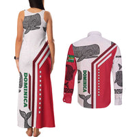 Dominica Flag Couples Matching Tank Maxi Dress and Long Sleeve Button Shirt Tribal Turtle Pattern Red and White with Island Stars Design - Wonder Print Shop