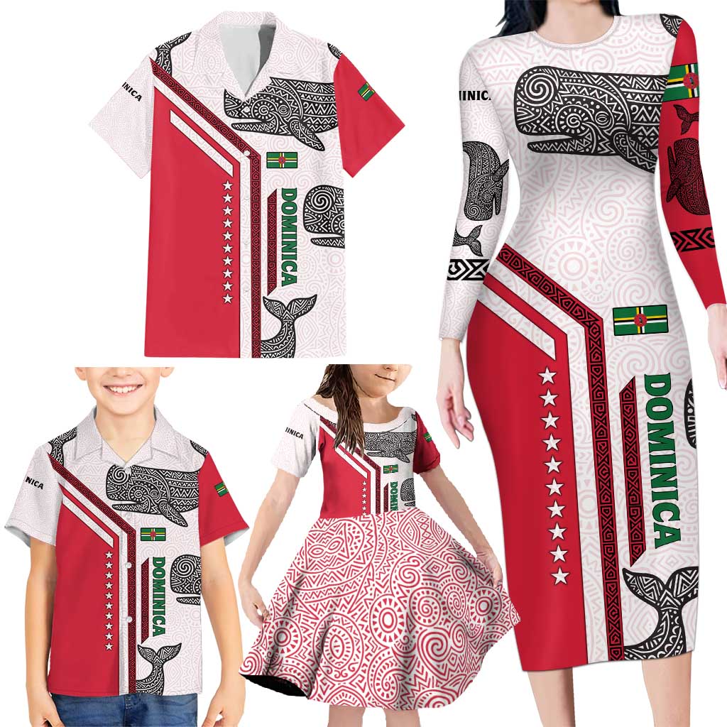 Dominica Flag Family Matching Long Sleeve Bodycon Dress and Hawaiian Shirt Tribal Turtle Pattern Red and White with Island Stars Design - Wonder Print Shop