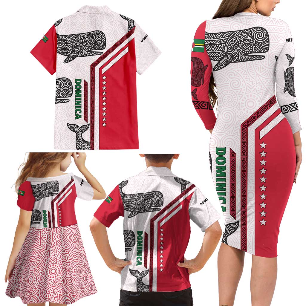 Dominica Flag Family Matching Long Sleeve Bodycon Dress and Hawaiian Shirt Tribal Turtle Pattern Red and White with Island Stars Design - Wonder Print Shop