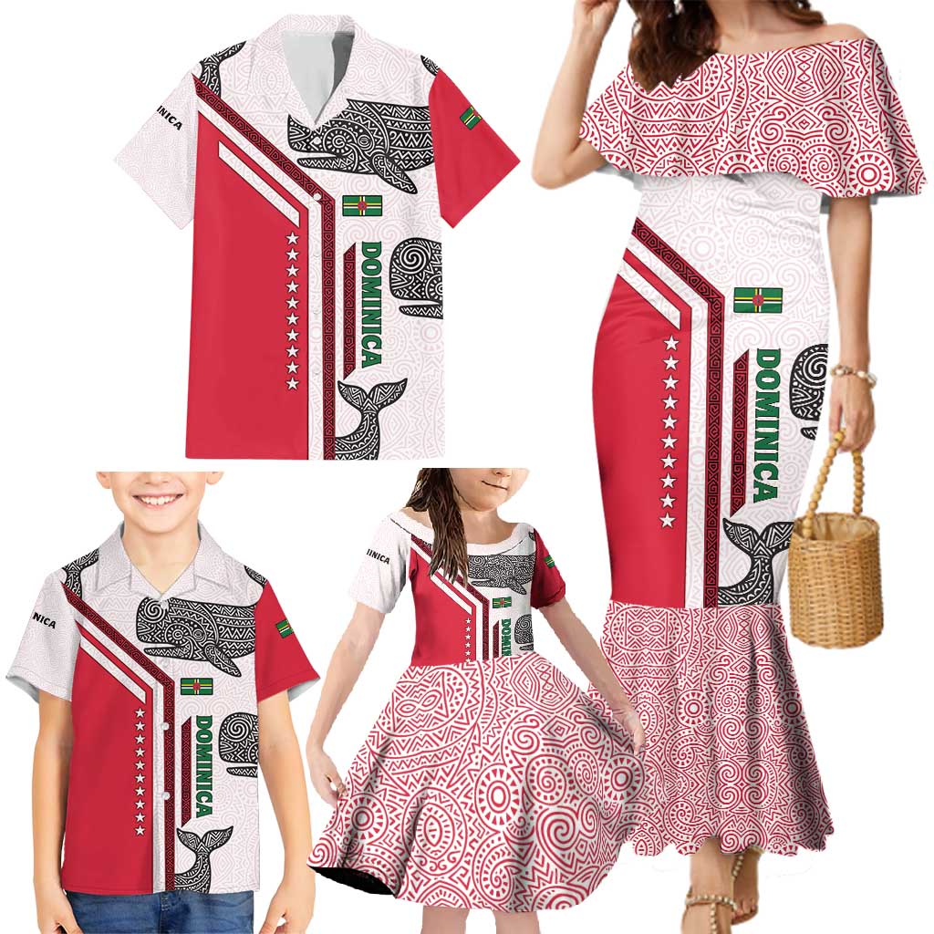 Dominica Flag Family Matching Mermaid Dress and Hawaiian Shirt Tribal Turtle Pattern Red and White with Island Stars Design - Wonder Print Shop