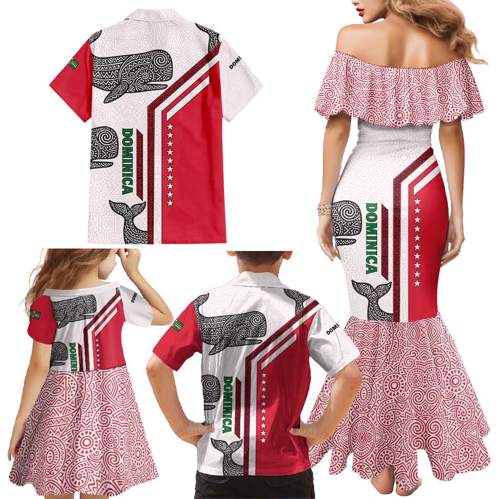Dominica Flag Family Matching Mermaid Dress and Hawaiian Shirt Tribal Turtle Pattern Red and White with Island Stars Design - Wonder Print Shop