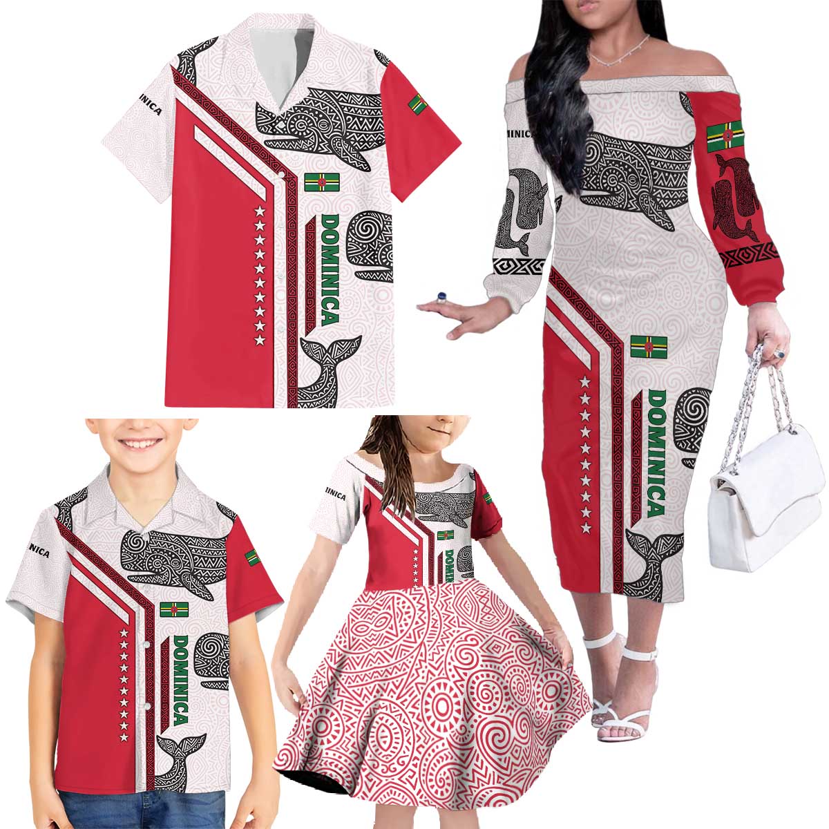 Dominica Flag Family Matching Off The Shoulder Long Sleeve Dress and Hawaiian Shirt Tribal Turtle Pattern Red and White with Island Stars Design - Wonder Print Shop