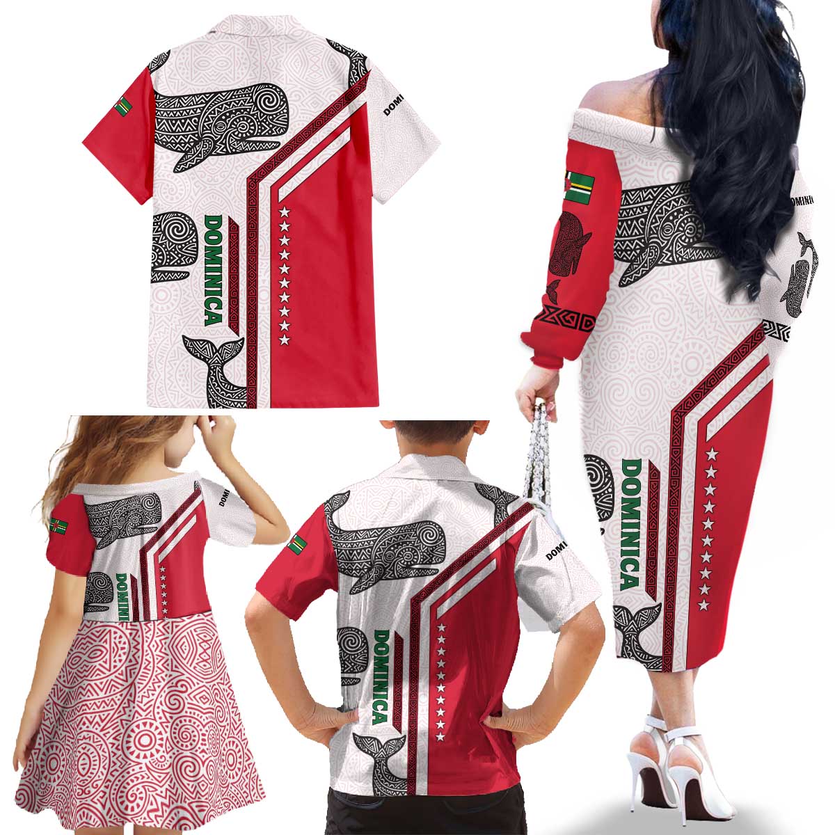 Dominica Flag Family Matching Off The Shoulder Long Sleeve Dress and Hawaiian Shirt Tribal Turtle Pattern Red and White with Island Stars Design - Wonder Print Shop