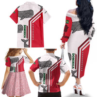 Dominica Flag Family Matching Off The Shoulder Long Sleeve Dress and Hawaiian Shirt Tribal Turtle Pattern Red and White with Island Stars Design - Wonder Print Shop