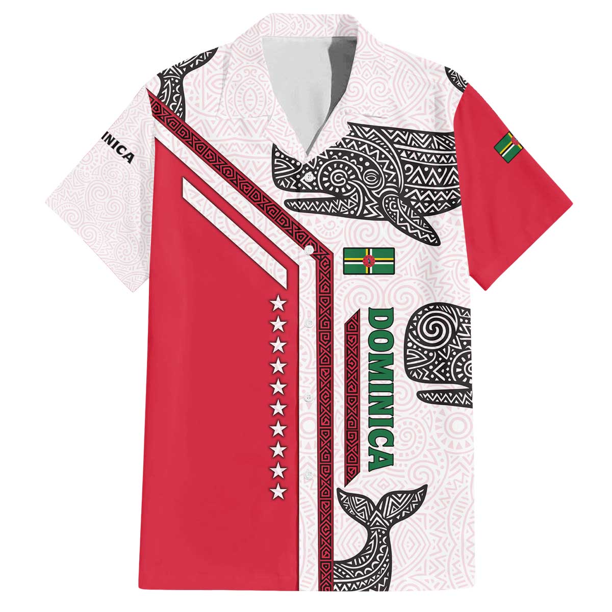 Dominica Flag Family Matching Off The Shoulder Long Sleeve Dress and Hawaiian Shirt Tribal Turtle Pattern Red and White with Island Stars Design - Wonder Print Shop