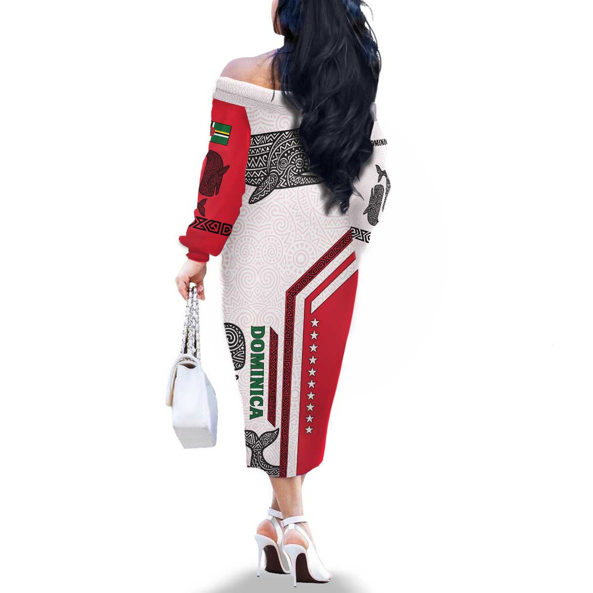 Dominica Flag Family Matching Off The Shoulder Long Sleeve Dress and Hawaiian Shirt Tribal Turtle Pattern Red and White with Island Stars Design - Wonder Print Shop