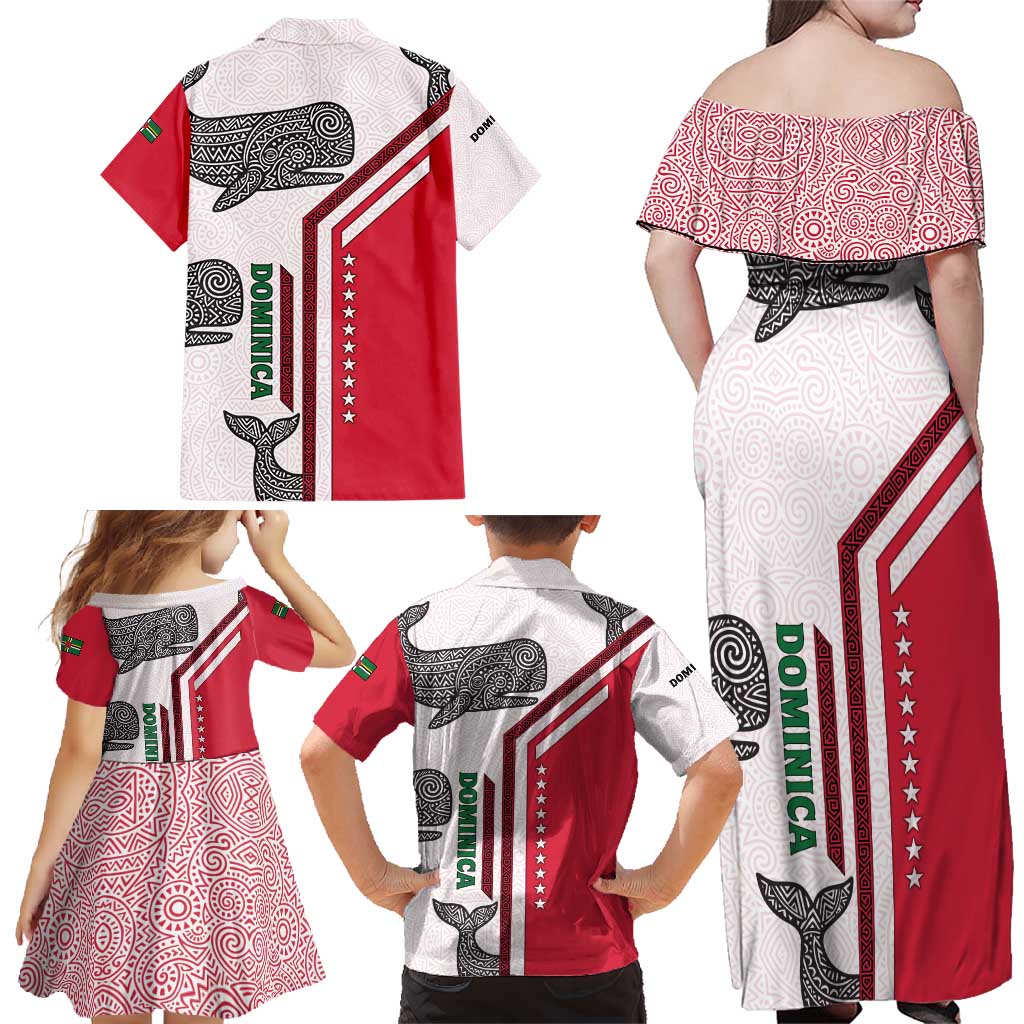 Dominica Flag Family Matching Off Shoulder Maxi Dress and Hawaiian Shirt Tribal Turtle Pattern Red and White with Island Stars Design - Wonder Print Shop