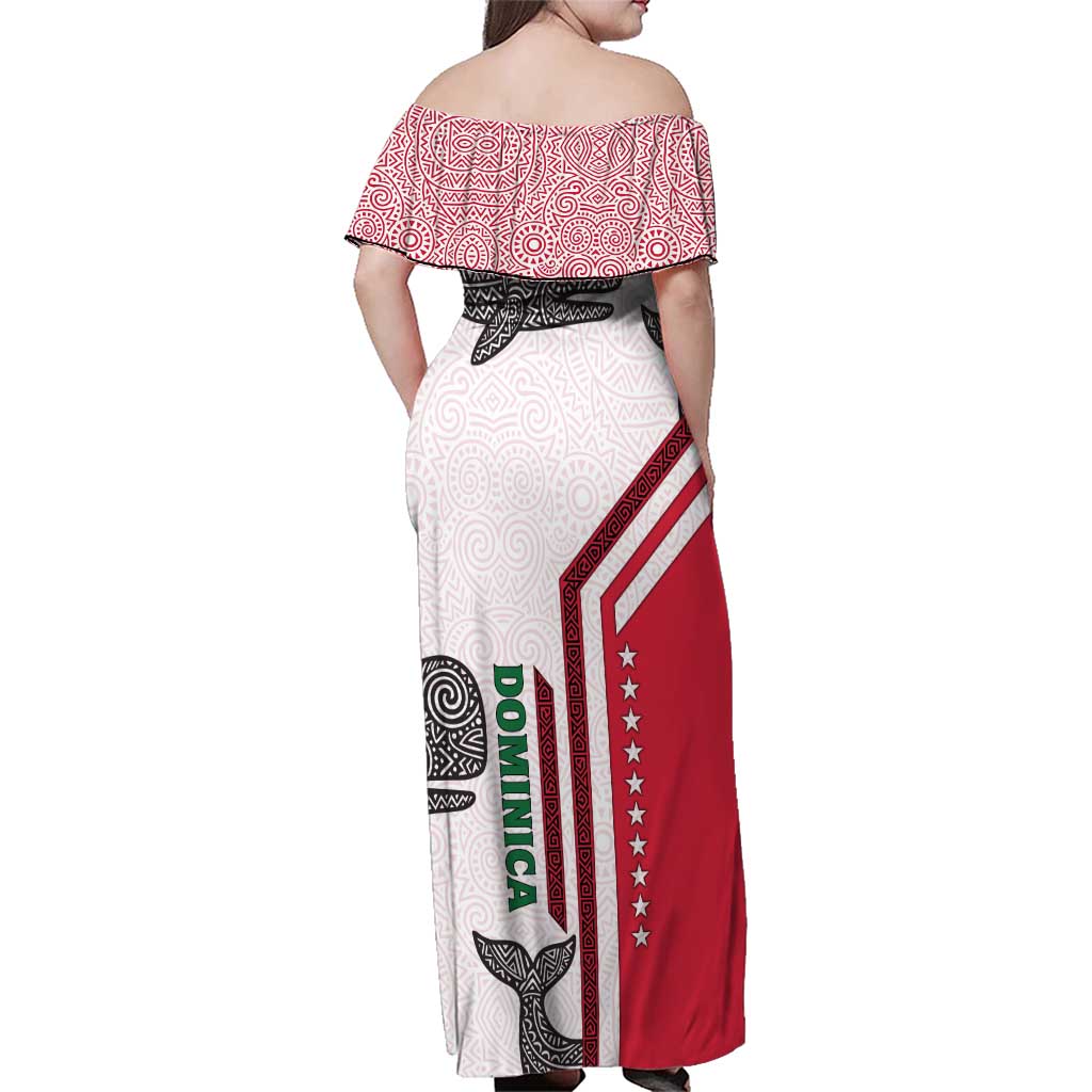 Dominica Flag Family Matching Off Shoulder Maxi Dress and Hawaiian Shirt Tribal Turtle Pattern Red and White with Island Stars Design - Wonder Print Shop