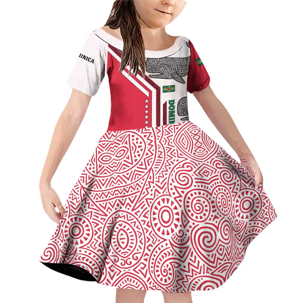 Dominica Flag Family Matching Off Shoulder Short Dress and Hawaiian Shirt Tribal Turtle Pattern Red and White with Island Stars Design - Wonder Print Shop