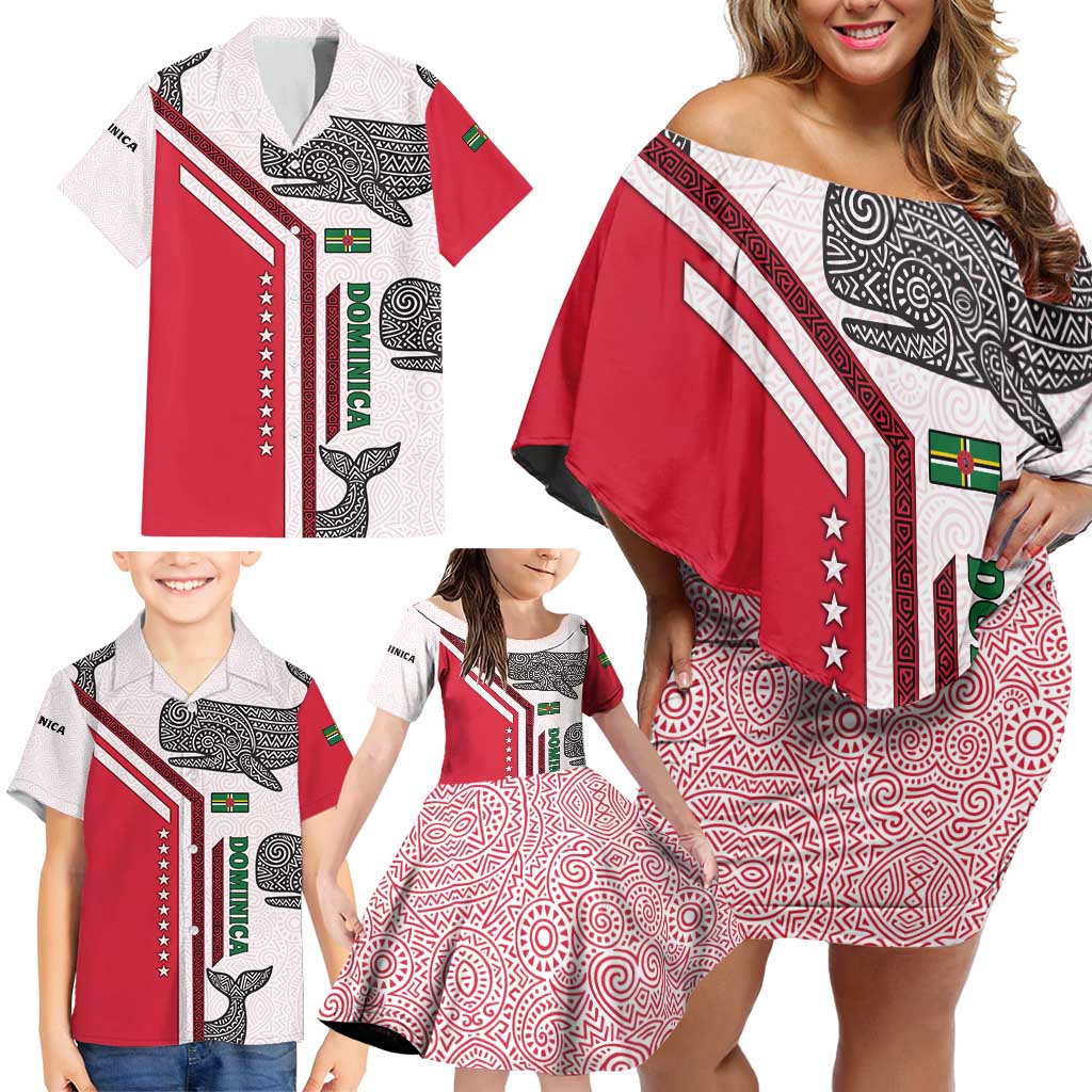 Dominica Flag Family Matching Off Shoulder Short Dress and Hawaiian Shirt Tribal Turtle Pattern Red and White with Island Stars Design - Wonder Print Shop