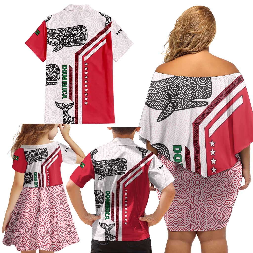 Dominica Flag Family Matching Off Shoulder Short Dress and Hawaiian Shirt Tribal Turtle Pattern Red and White with Island Stars Design - Wonder Print Shop