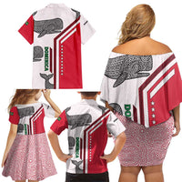 Dominica Flag Family Matching Off Shoulder Short Dress and Hawaiian Shirt Tribal Turtle Pattern Red and White with Island Stars Design - Wonder Print Shop