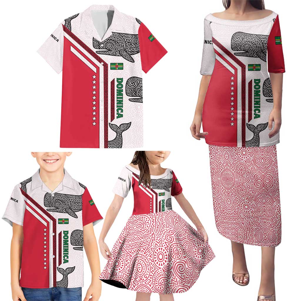 Dominica Flag Family Matching Puletasi and Hawaiian Shirt Tribal Turtle Pattern Red and White with Island Stars Design - Wonder Print Shop