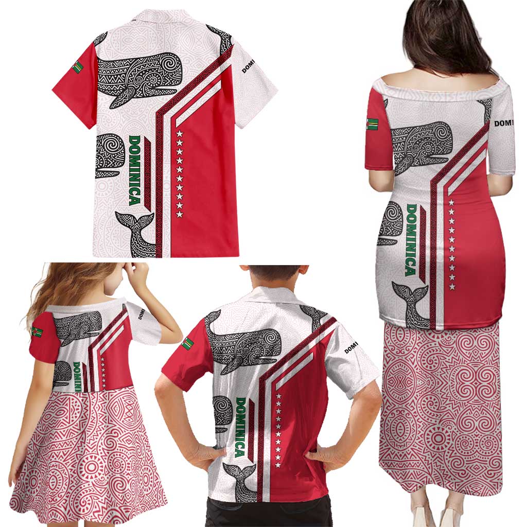 Dominica Flag Family Matching Puletasi and Hawaiian Shirt Tribal Turtle Pattern Red and White with Island Stars Design - Wonder Print Shop