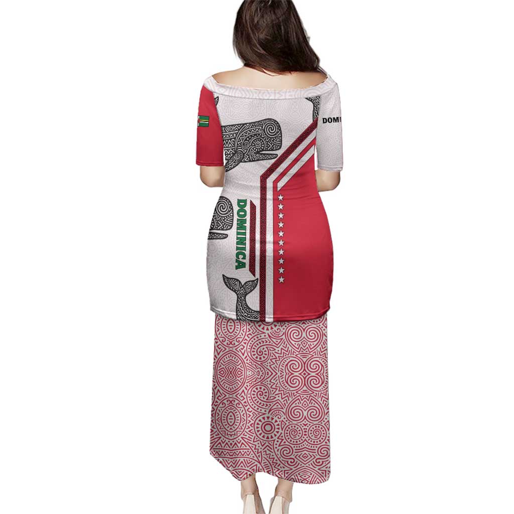 Dominica Flag Family Matching Puletasi and Hawaiian Shirt Tribal Turtle Pattern Red and White with Island Stars Design - Wonder Print Shop