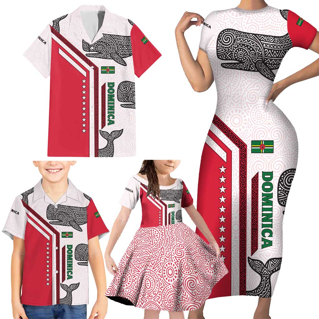 Dominica Flag Family Matching Short Sleeve Bodycon Dress and Hawaiian Shirt Tribal Turtle Pattern Red and White with Island Stars Design - Wonder Print Shop