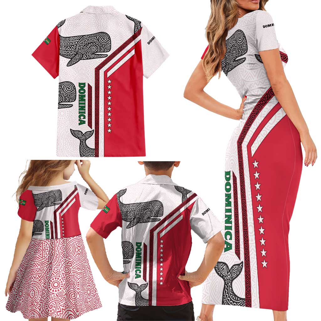 Dominica Flag Family Matching Short Sleeve Bodycon Dress and Hawaiian Shirt Tribal Turtle Pattern Red and White with Island Stars Design - Wonder Print Shop