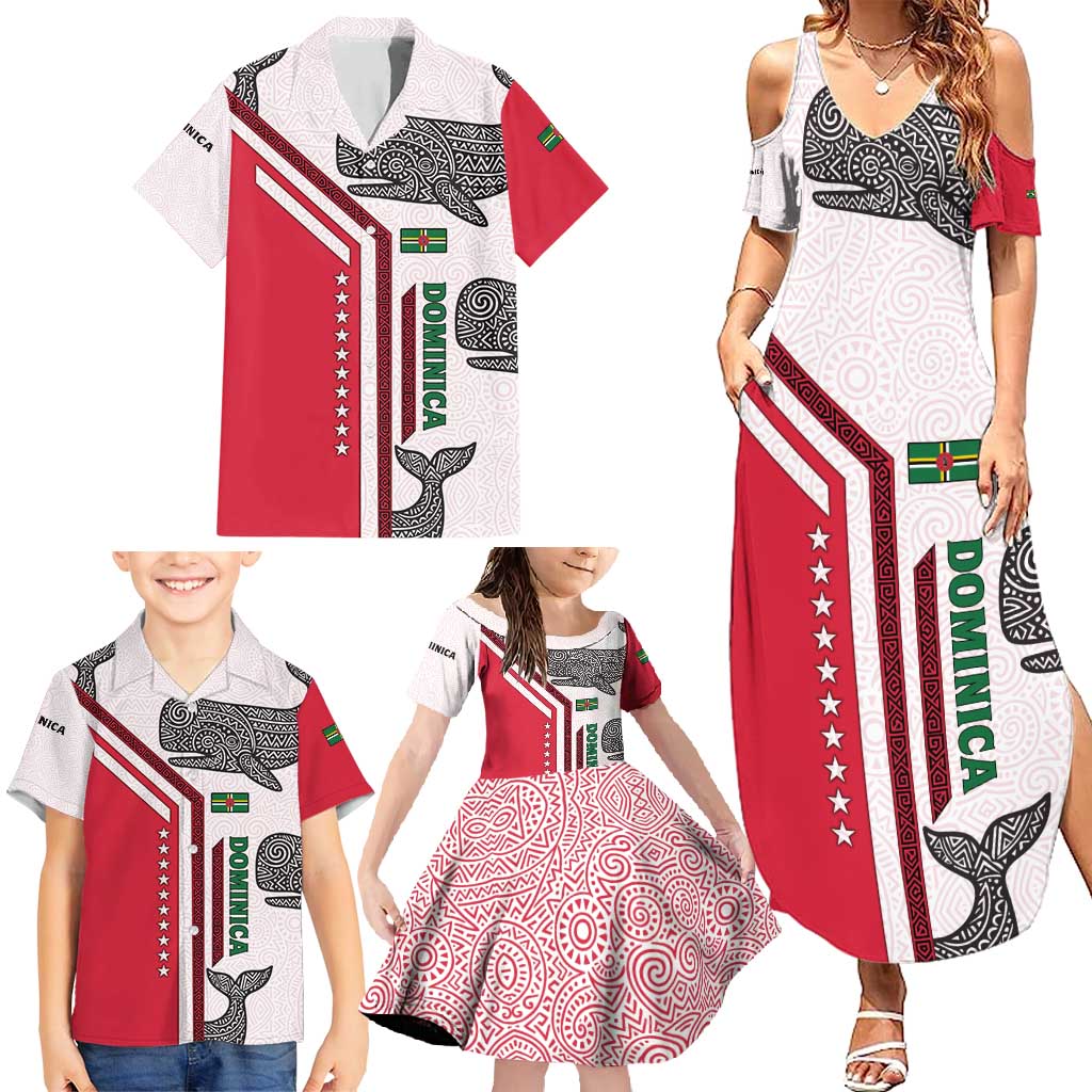 Dominica Flag Family Matching Summer Maxi Dress and Hawaiian Shirt Tribal Turtle Pattern Red and White with Island Stars Design - Wonder Print Shop