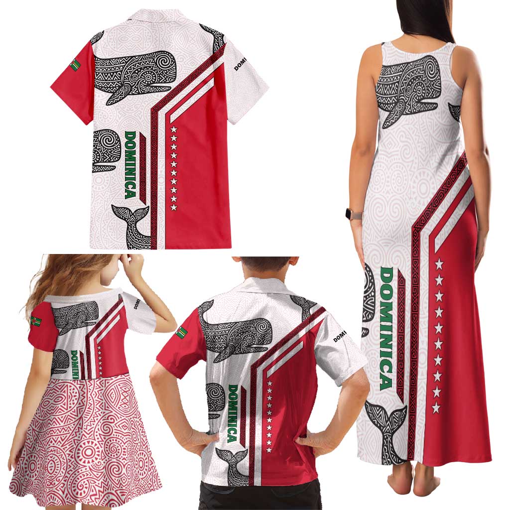 Dominica Flag Family Matching Tank Maxi Dress and Hawaiian Shirt Tribal Turtle Pattern Red and White with Island Stars Design - Wonder Print Shop