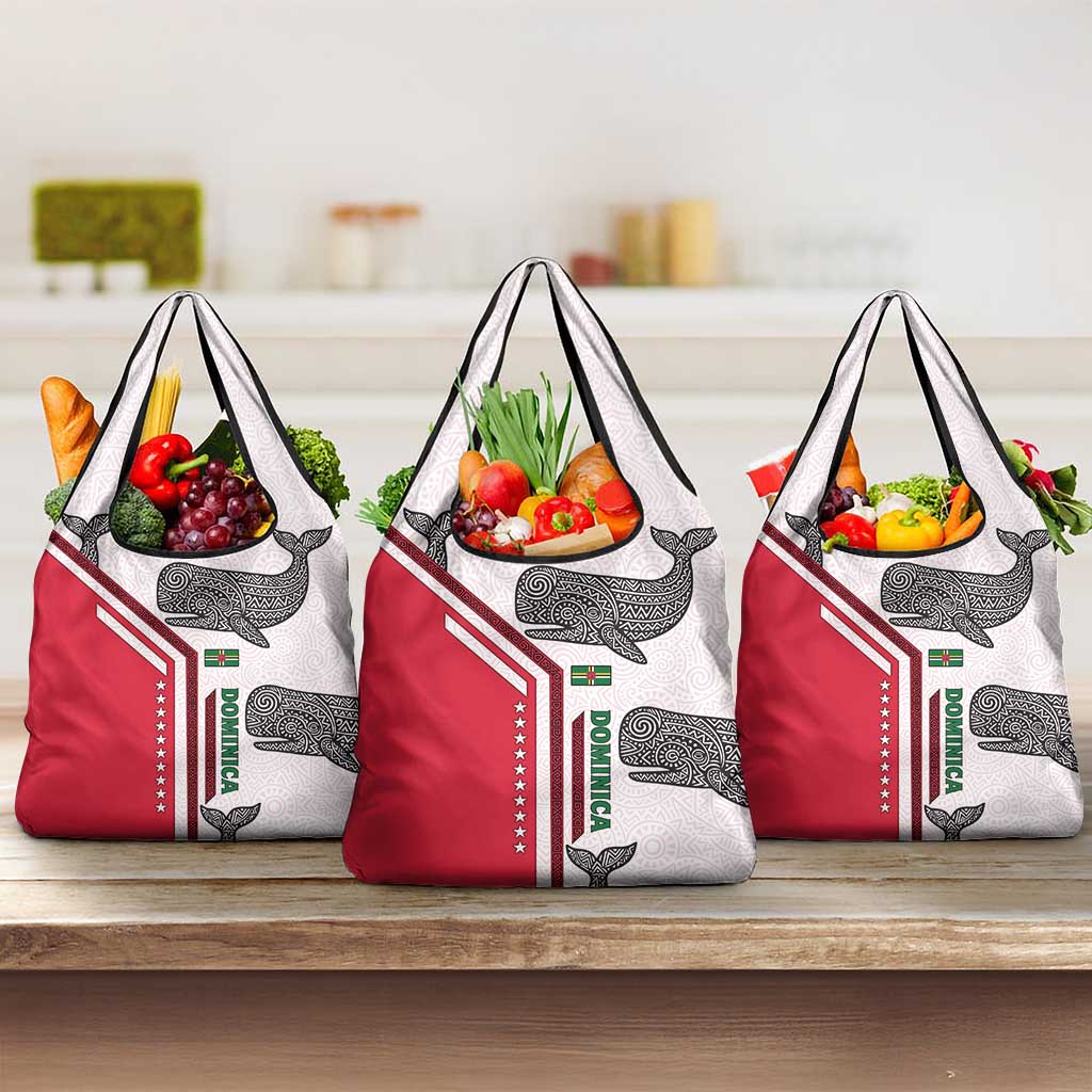Dominica Flag Grocery Bag Tribal Turtle Pattern Red and White with Island Stars Design - Wonder Print Shop