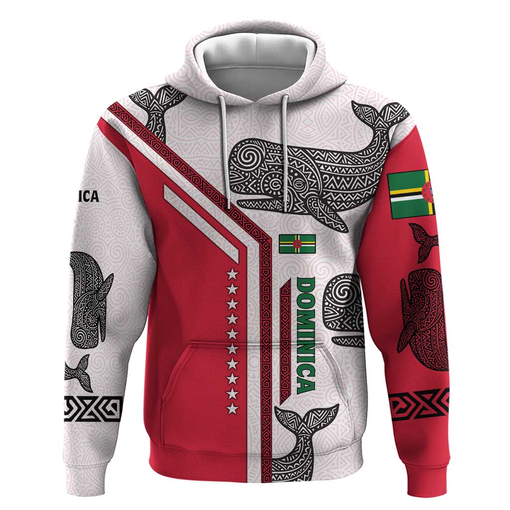 Dominica Flag Hoodie Tribal Turtle Pattern Red and White with Island Stars Design - Wonder Print Shop