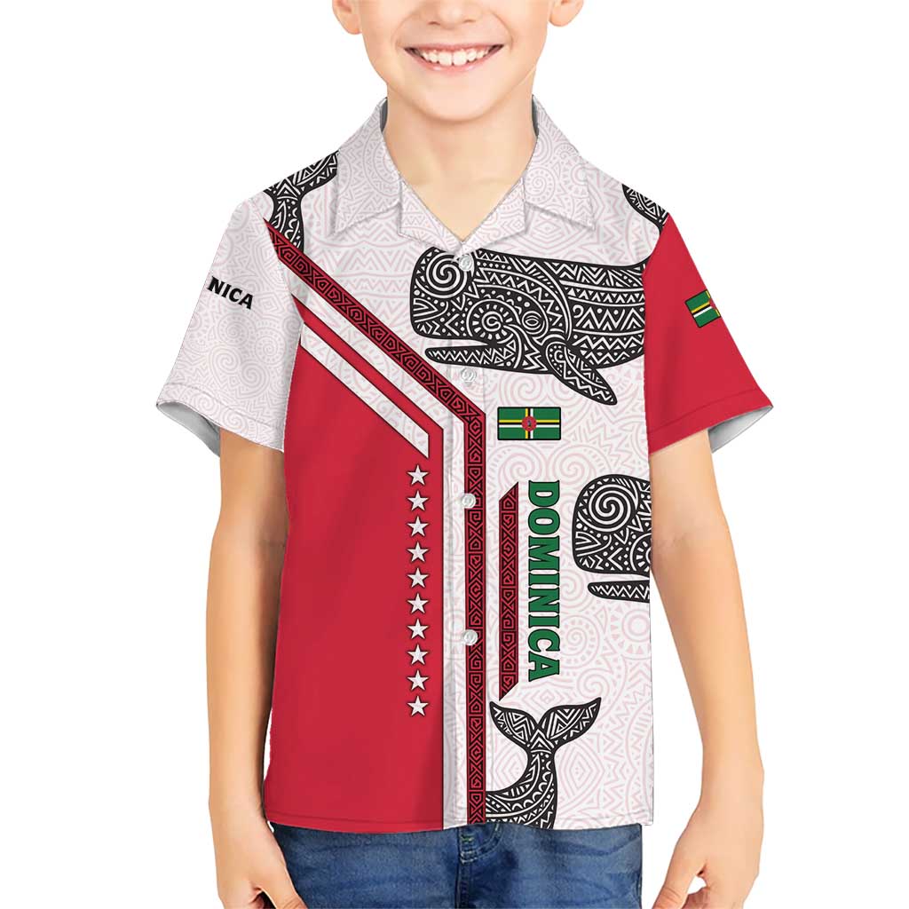 Dominica Flag Kid Hawaiian Shirt Tribal Turtle Pattern Red and White with Island Stars Design - Wonder Print Shop