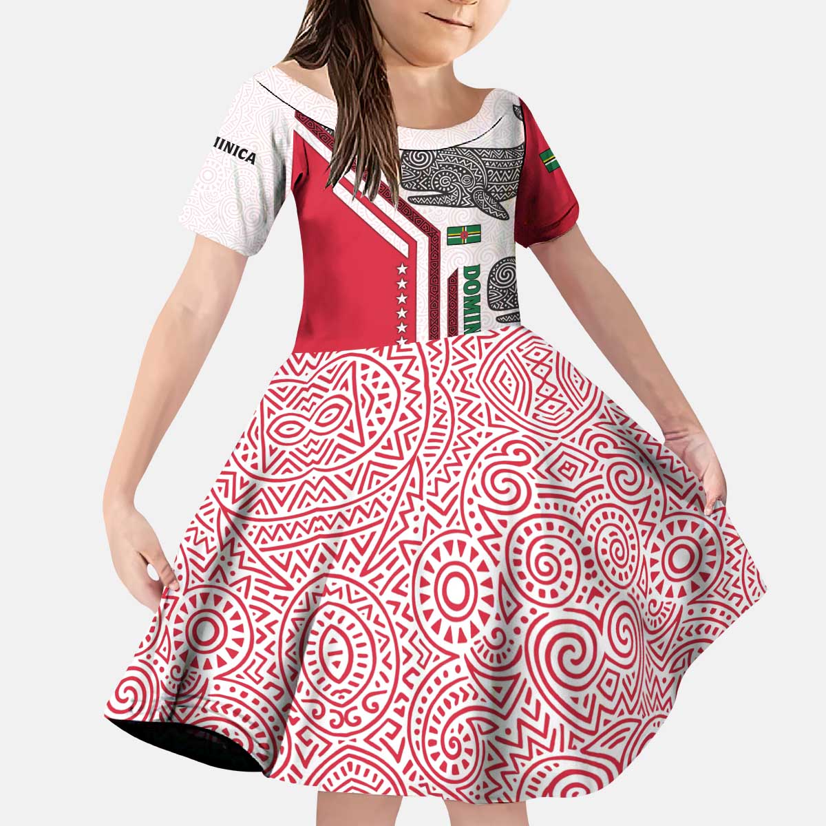 Dominica Flag Kid Short Sleeve Dress Tribal Turtle Pattern Red and White with Island Stars Design - Wonder Print Shop