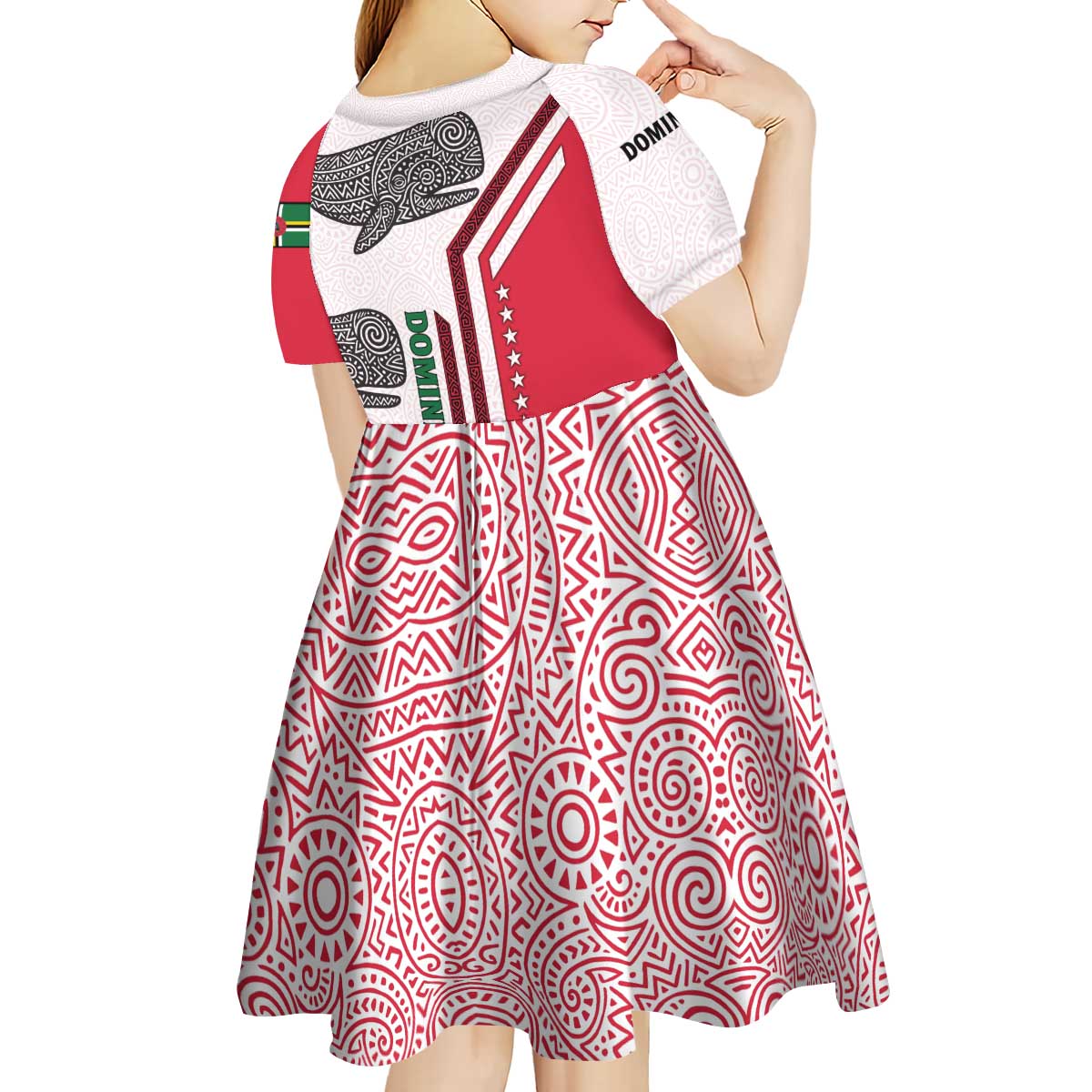 Dominica Flag Kid Short Sleeve Dress Tribal Turtle Pattern Red and White with Island Stars Design - Wonder Print Shop