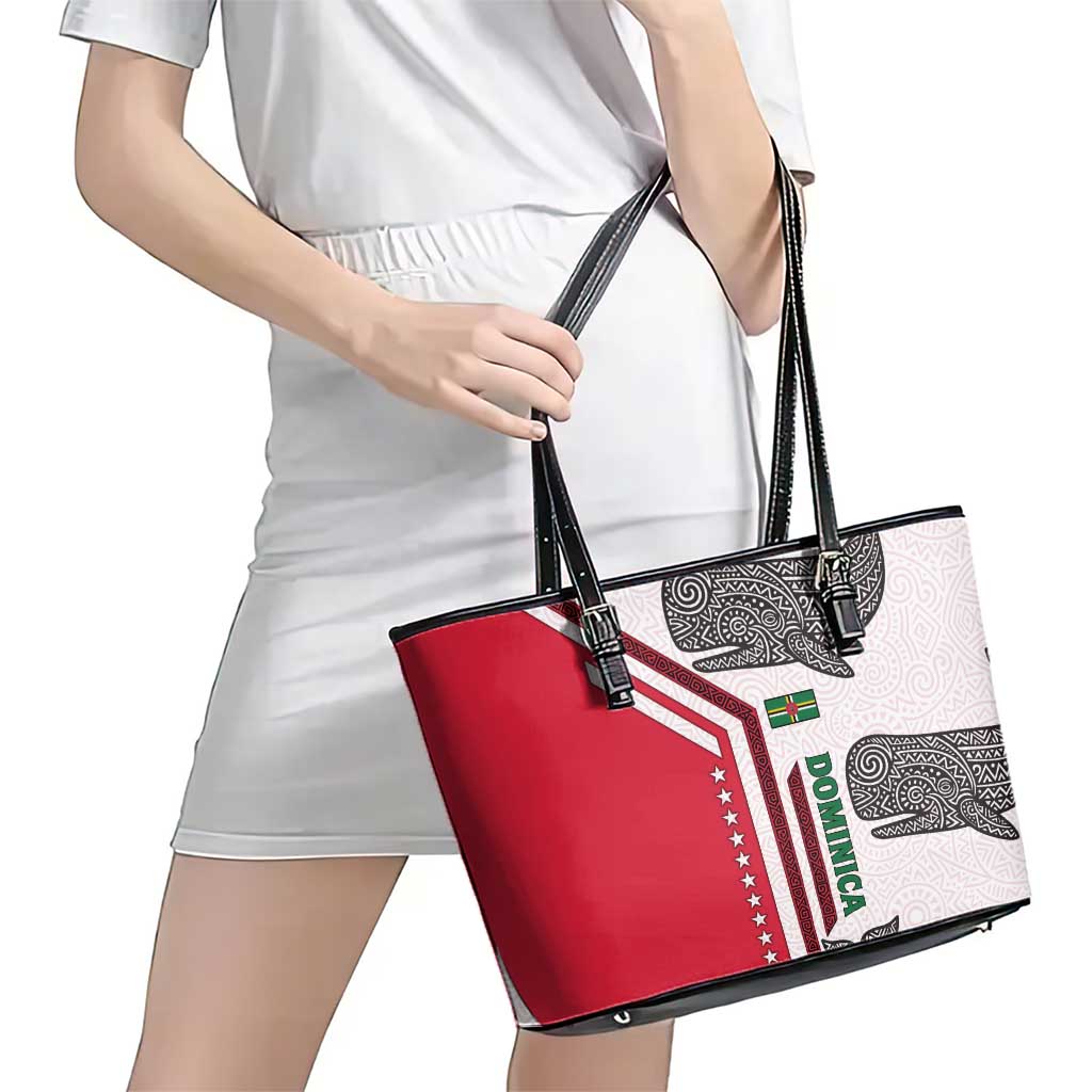 Dominica Flag Leather Tote Bag Tribal Turtle Pattern Red and White with Island Stars Design - Wonder Print Shop