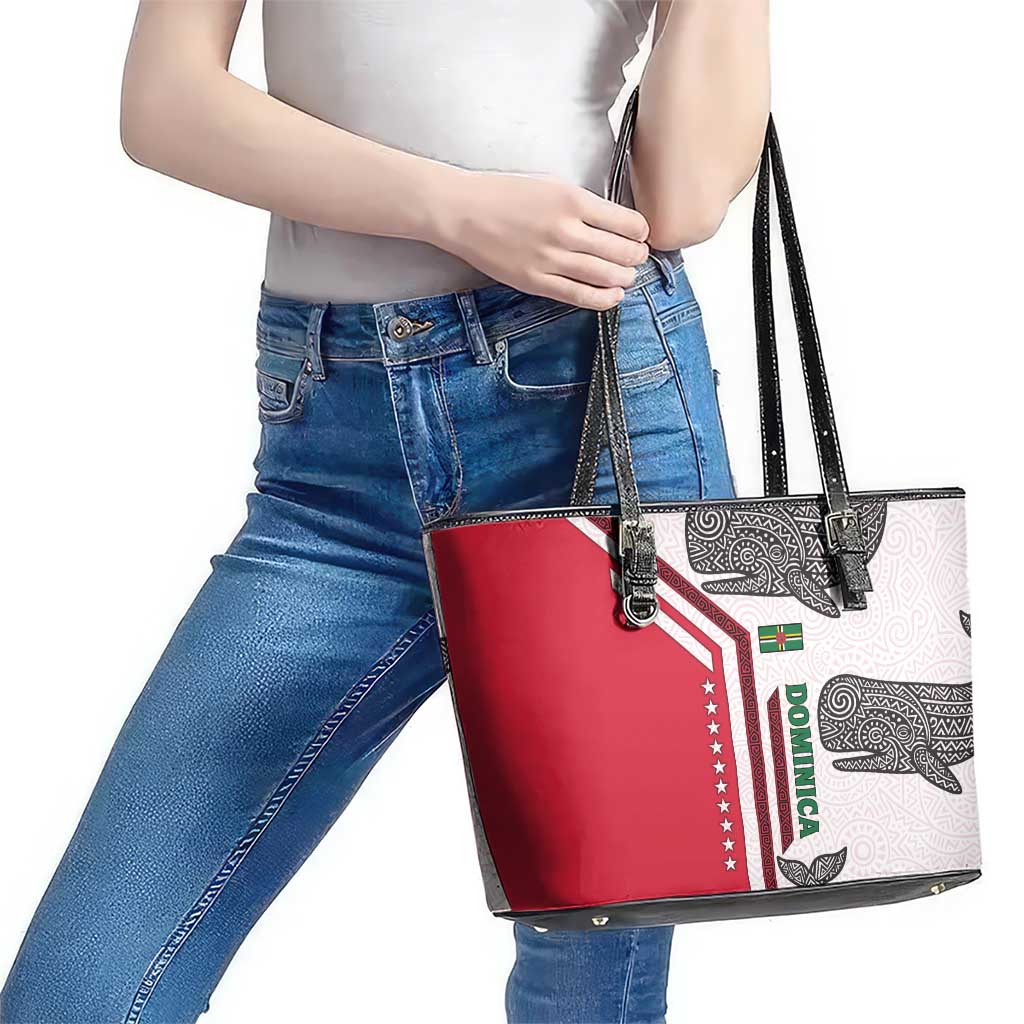 Dominica Flag Leather Tote Bag Tribal Turtle Pattern Red and White with Island Stars Design - Wonder Print Shop