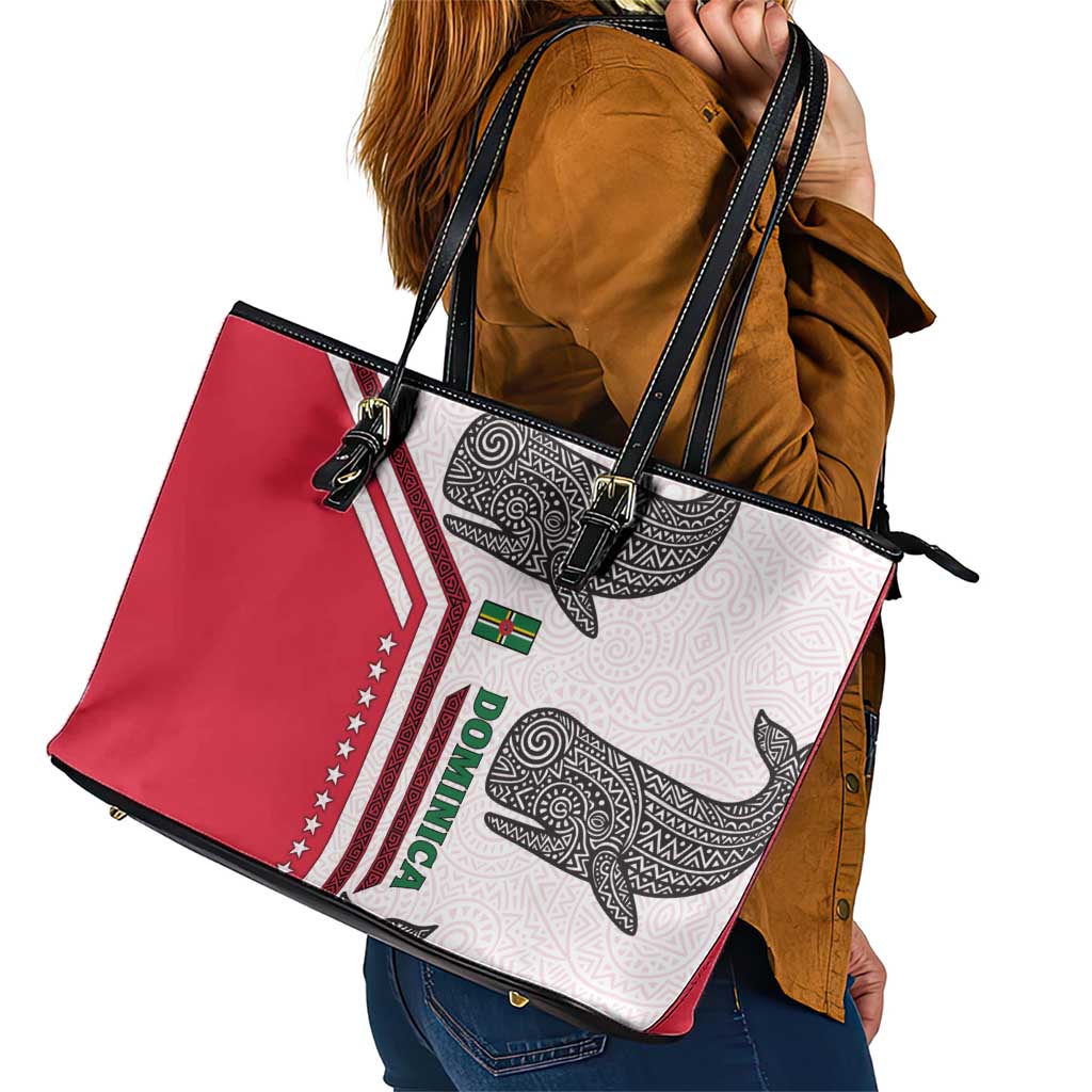 Dominica Flag Leather Tote Bag Tribal Turtle Pattern Red and White with Island Stars Design - Wonder Print Shop