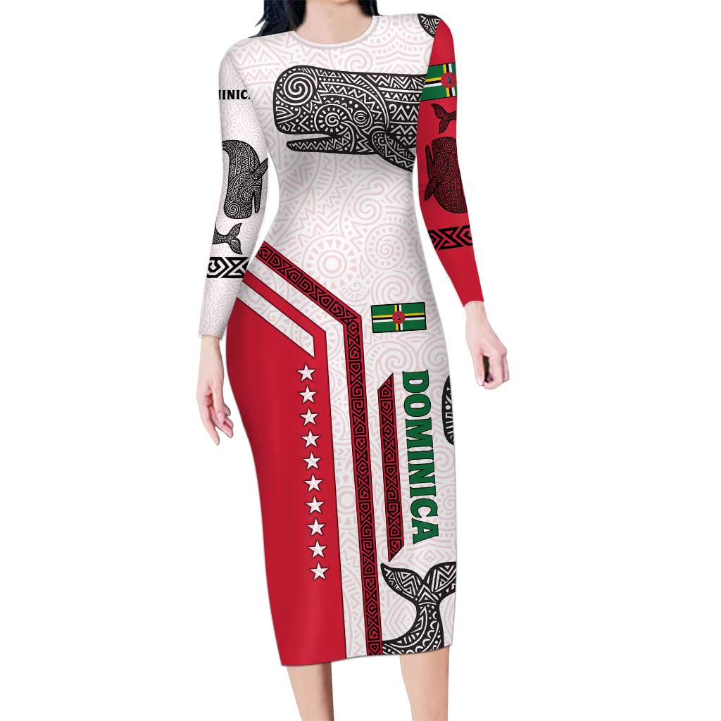 Dominica Flag Long Sleeve Bodycon Dress Tribal Turtle Pattern Red and White with Island Stars Design - Wonder Print Shop