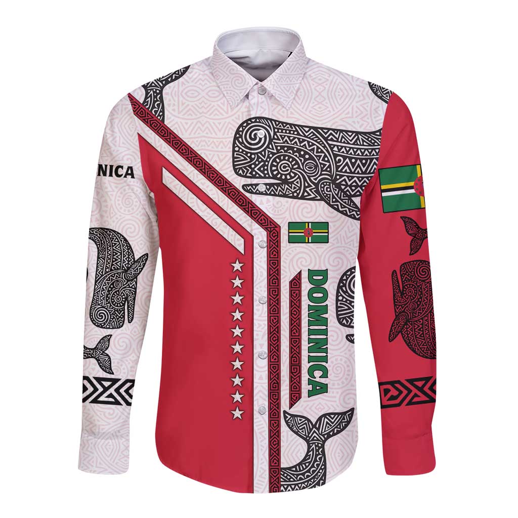 Dominica Flag Long Sleeve Button Shirt Tribal Turtle Pattern Red and White with Island Stars Design - Wonder Print Shop