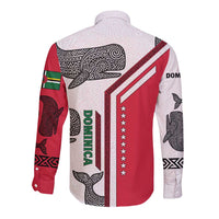 Dominica Flag Long Sleeve Button Shirt Tribal Turtle Pattern Red and White with Island Stars Design - Wonder Print Shop