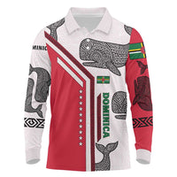 Dominica Flag Long Sleeve Polo Shirt Tribal Turtle Pattern Red and White with Island Stars Design - Wonder Print Shop