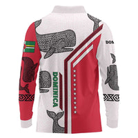 Dominica Flag Long Sleeve Polo Shirt Tribal Turtle Pattern Red and White with Island Stars Design - Wonder Print Shop