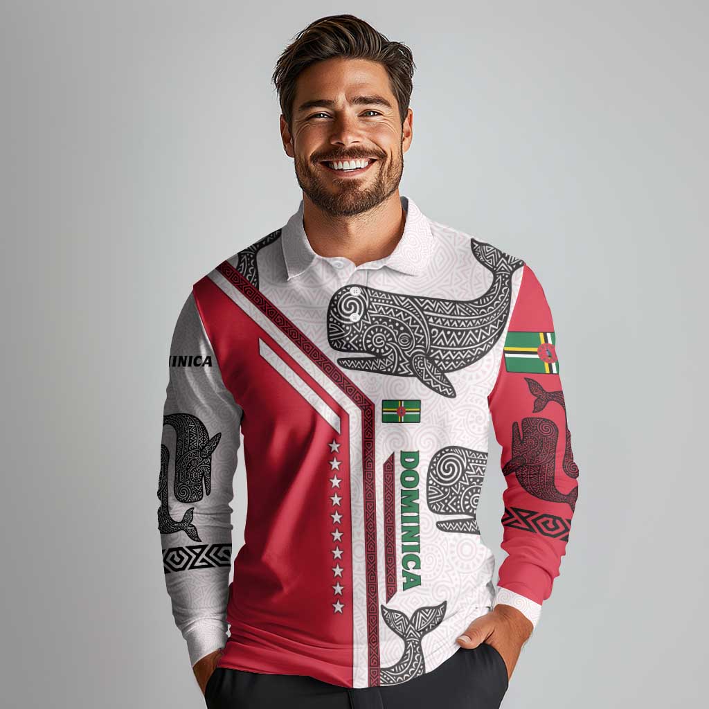 Dominica Flag Long Sleeve Polo Shirt Tribal Turtle Pattern Red and White with Island Stars Design - Wonder Print Shop