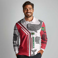 Dominica Flag Long Sleeve Polo Shirt Tribal Turtle Pattern Red and White with Island Stars Design - Wonder Print Shop
