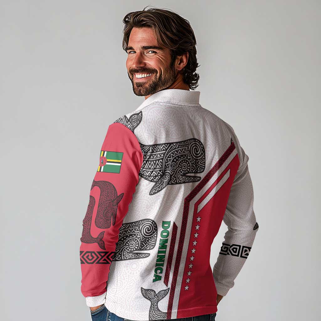 Dominica Flag Long Sleeve Polo Shirt Tribal Turtle Pattern Red and White with Island Stars Design - Wonder Print Shop
