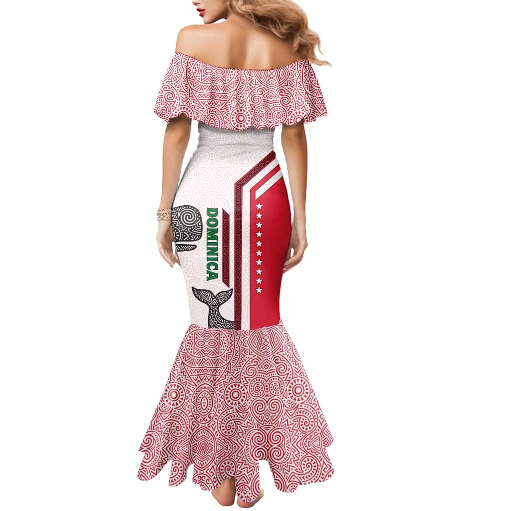Dominica Flag Mermaid Dress Tribal Turtle Pattern Red and White with Island Stars Design - Wonder Print Shop