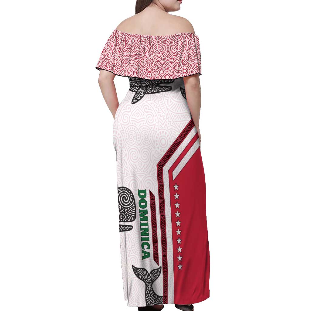 Dominica Flag Off Shoulder Maxi Dress Tribal Turtle Pattern Red and White with Island Stars Design - Wonder Print Shop