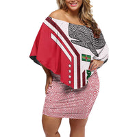 Dominica Flag Off Shoulder Short Dress Tribal Turtle Pattern Red and White with Island Stars Design - Wonder Print Shop