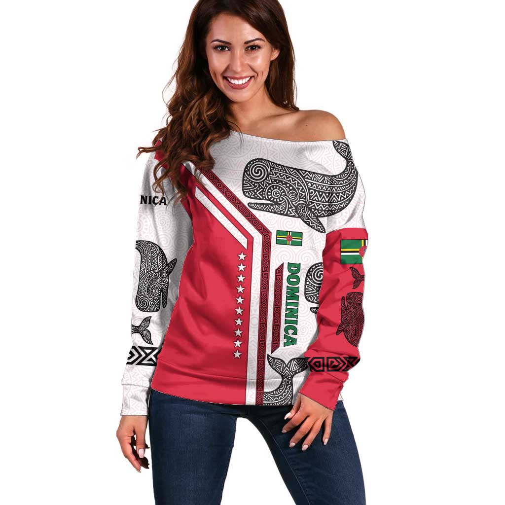 Dominica Flag Off Shoulder Sweater Tribal Turtle Pattern Red and White with Island Stars Design - Wonder Print Shop