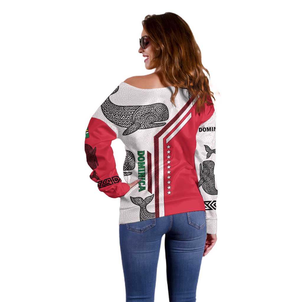 Dominica Flag Off Shoulder Sweater Tribal Turtle Pattern Red and White with Island Stars Design - Wonder Print Shop