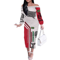 Dominica Flag Off The Shoulder Long Sleeve Dress Tribal Turtle Pattern Red and White with Island Stars Design - Wonder Print Shop