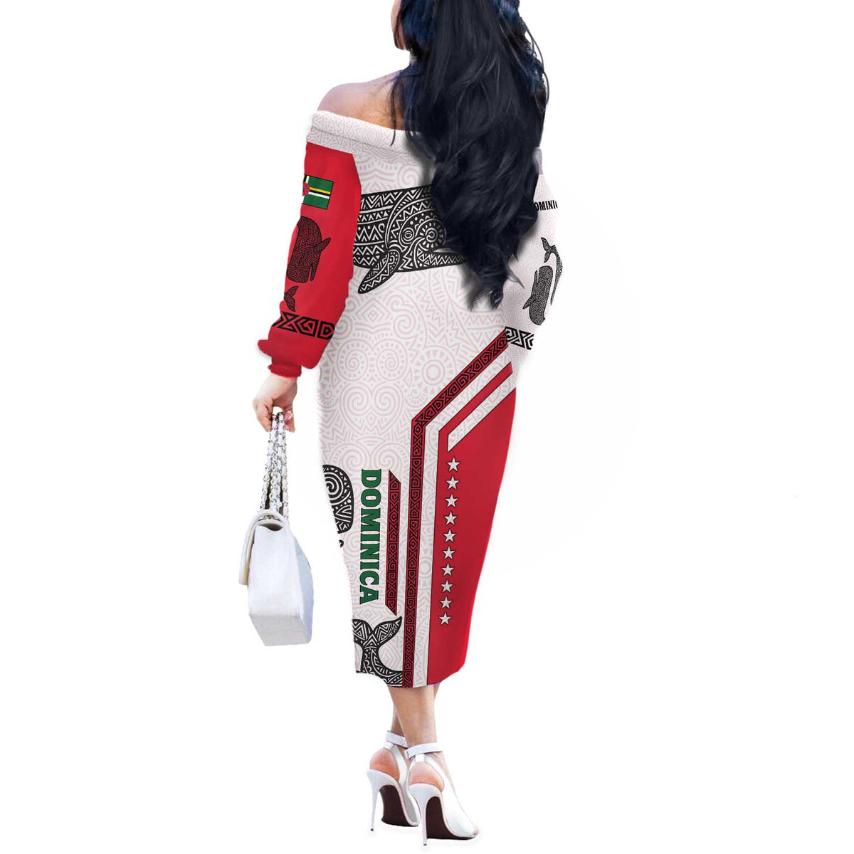 Dominica Flag Off The Shoulder Long Sleeve Dress Tribal Turtle Pattern Red and White with Island Stars Design - Wonder Print Shop