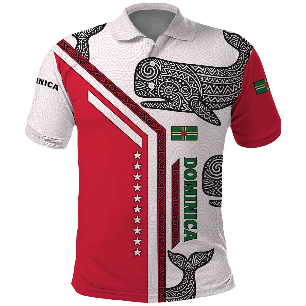 Dominica Flag Polo Shirt Tribal Turtle Pattern Red and White with Island Stars Design - Wonder Print Shop