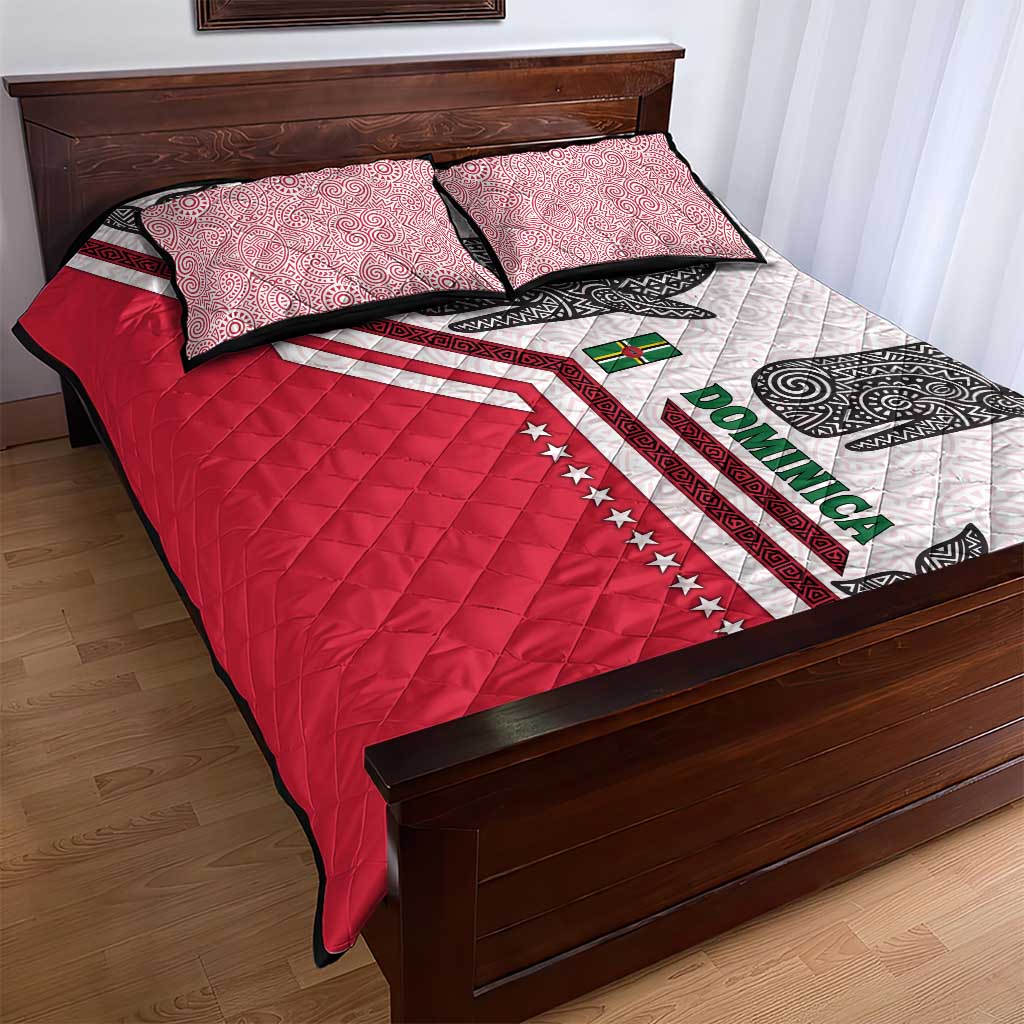Dominica Flag Quilt Bed Set Tribal Turtle Pattern Red and White with Island Stars Design - Wonder Print Shop