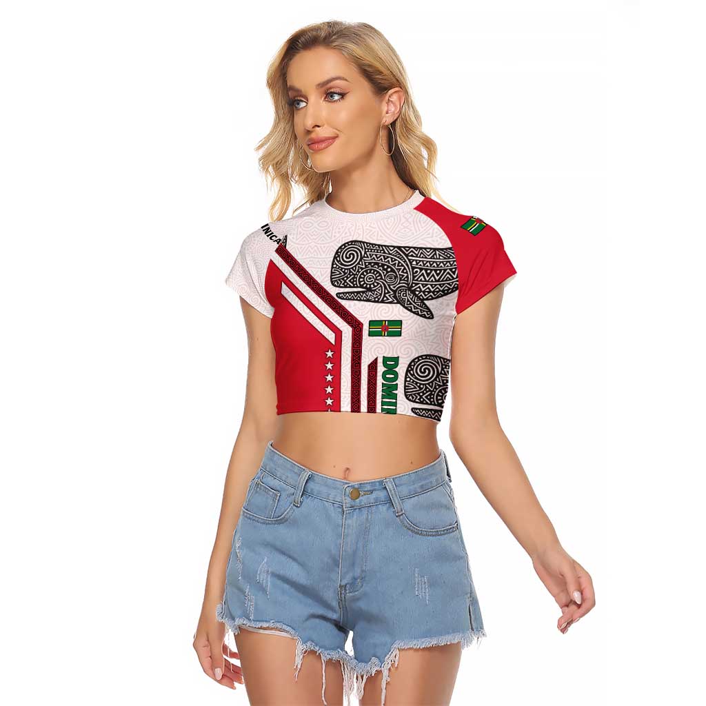 Dominica Flag Raglan Cropped T Shirt Tribal Turtle Pattern Red and White with Island Stars Design - Wonder Print Shop